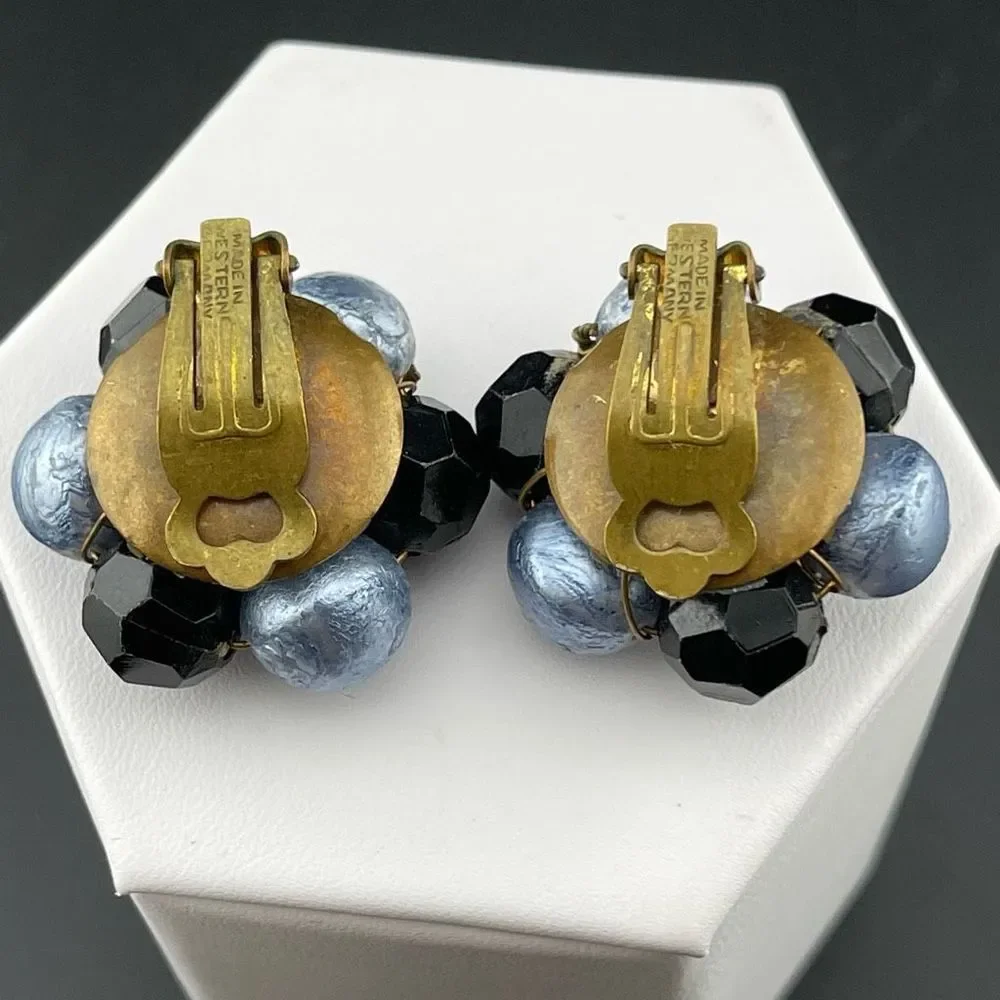 Western Germany Vintage Estate Signed Blue Black Pink Beaded Clip On Earrings